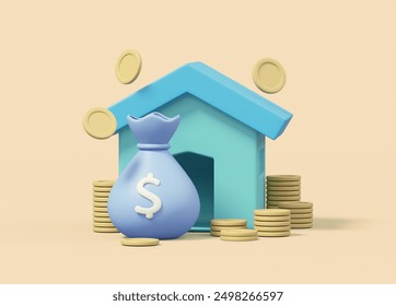3D rendering consisting of house icons representing properties and real estate. A bag of money and coins means savings. financial investment and accumulation of wealth