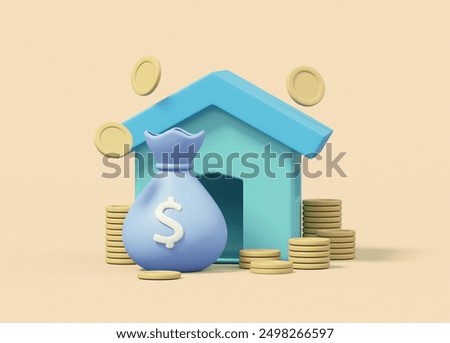 3D rendering consisting of house icons representing properties and real estate. A bag of money and coins means savings. financial investment and accumulation of wealth