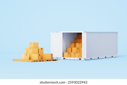 3d rendering container and goods in blue background