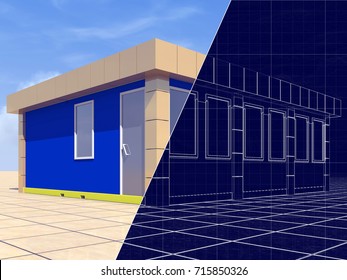 3d Rendering of a container shop and blueprint
