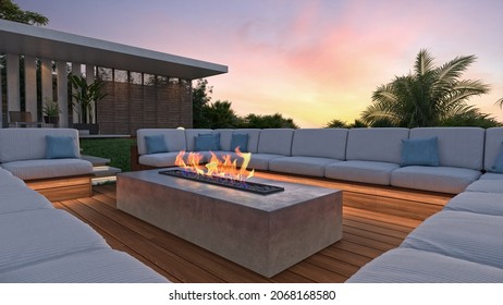 3d Rendering Of A Contemporary Design Exterior Fireplace Surrounded By Benches In A Luxury Garden