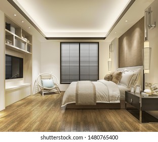 3d Rendering Contemporary Wood Bedroom With Built In Bookshelf