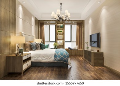 3d Rendering Contemporary Wood Bedroom With Built In Bookshelf