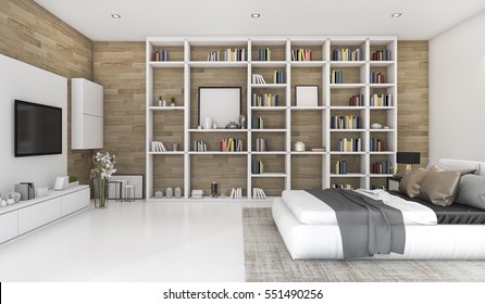 3d Rendering Contemporary Wood Bedroom With Built In Bookshelf