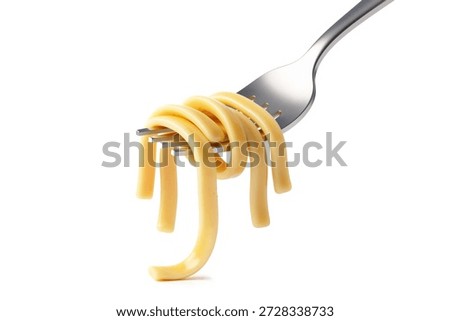 3d rendering of cooked spaghetti pasta strands wrapped neatly around a silver fork isolated on a white background.