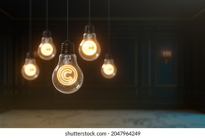 3d Rendering Copyright Icon Glow Inside Light Bulb Premium Cover Photo Background