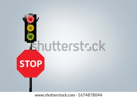 3d rendering. corona virus traffic signal concept stop red sign, yellow & green light sign. Corona virus alert road sign on the gray background.