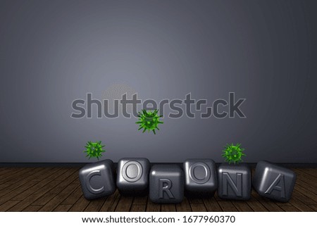 3d rendering of "CORONA" word with silver cubes. Gray background and wooden floor. Corona and  influenza viruses. Copy space.