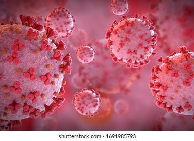 3D rendering of the coronavirus on a microscopic level. Microscope close-up of the covid-19 disease. 2019-nCoV spreading in body cell 