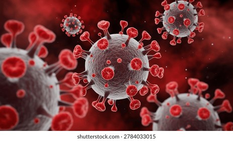 3D Rendering of Coronavirus Particles on a Red Background