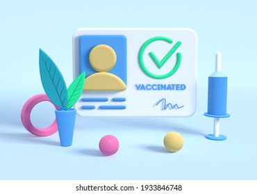 3d Rendering, Coronavirus Vaccination. Vaccination Passport With Check Mark And Stamp. Syringe Near. Official Document Of Vaccinated. Covid-19 Prevention. 