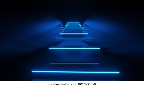 3d rendering of corridor, stairs, lights Abstract blue neon