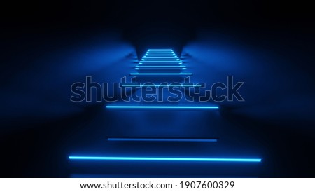 3d rendering of corridor, stairs, lights Abstract blue neon