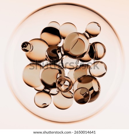 3D rendering of a cosmetic serum bubble ingredients. Abstract concept of collagen or liposome molecules for an anti-aging skin care product. Beauty and dermatology concept.