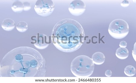 3D rendering Cosmetics Blue Serum bubbles on defocus background. Collagen bubbles Design. Molecule inside a liquid bubble. Vitamin for health care and beauty concept. 