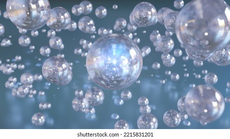 3D rendering Cosmetics Serum bubbles on defocus background. Miracle bubble design for cosmetics. Transparent balls, holographic liquid blobs floating in space, and artistic bubbles.