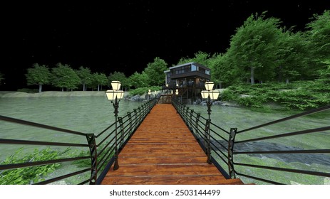 3D rendering of the cottage with pier

