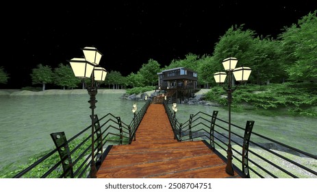 3D rendering of the cottage with pier