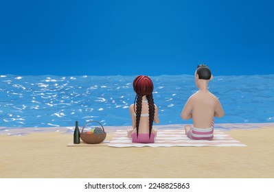 3d rendering. Couple resting on sunny beach at resort. Happy young couple with glasses of wine sitting on deck chairs at sea beach