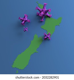 3D Rendering Of Covid 19 Moving Over New Zealand , Auckland And Wellington 