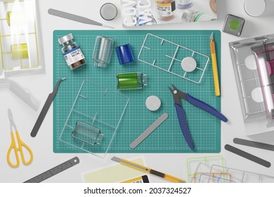 3D Rendering Covid-19 Vaccine Bottle Plastic Model Toy And Tool Kit Hobby, Crisis Shortage Concept Design Top View On White Background With Copy Space