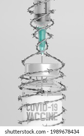 3D rendering Covid-19 vaccine syringe and bottle barbed wire round, Hoarding problem, Vaccination Campaign for Herd immunity protection from pandemic concept design on grey background with copy space