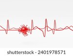 3D rendering. Сlose-up of the Covid-2019 virus in the shape of a microbe next to a cardiogram on a white isolated background . Pandemic medical Coronavirus, disease severity concept