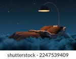 3D rendering of cozy bed illuminated by lamp. The bed flying over fluffy clouds at night