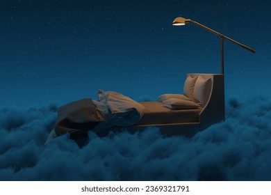 3D rendering of cozy bed illuminated by lamp. The bed flying over fluffy clouds at night - Powered by Shutterstock