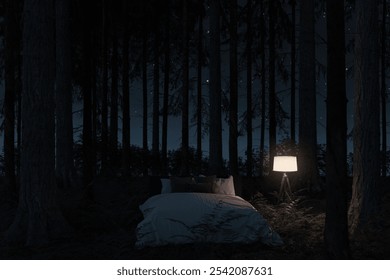 3d rendering of cozy bed in the middle of a pine forest. Concept outdoor night