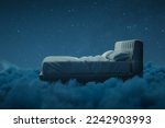 3d rendering of cozy bed over fluffy clouds at night