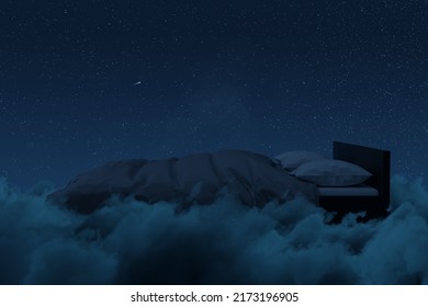 3d Rendering Of Cozy Bed Over Fluffy Clouds At Night