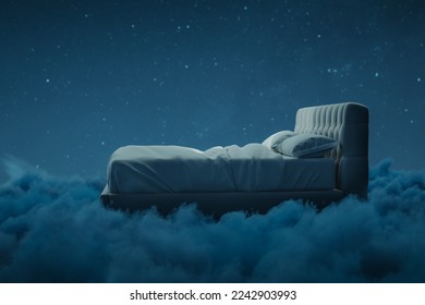 3d rendering of cozy bed over fluffy clouds at night - Powered by Shutterstock