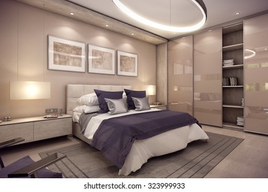 3D Rendering Cozy Bedroom Is In The Attic Of A Chalet. Huge Bed With Numerous Pillows Is Dominates The Room. The Interior Is Decorated With Wood And Natural Materials.