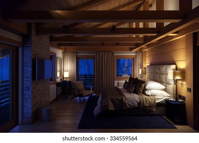 3D rendering cozy bedroom is in the attic of a chalet. Huge bed with numerous pillows dominates the room. The interior is decorated with wood and natural materials.