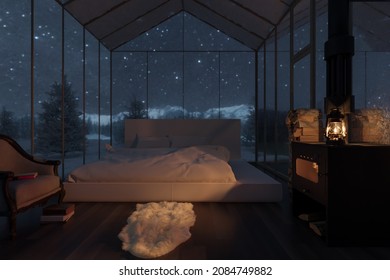 3d rendering cozy hut and bed   glass panels at snow covered forest