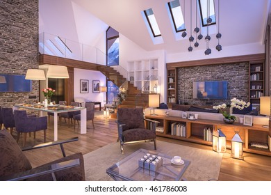 3D Rendering Of Cozy Living Room On Cold Winter Night In The Mountains, Evening Interior Of Chalet Decorated With Candles, Fireplace Fills The Room With Warmth.