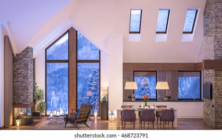 3D Rendering Of Cozy Living Room On Cold Winter Night In The Mountains, Evening Interior Of Chalet Decorated With Candles, Fireplace Fills The Room With Warmth.