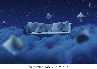 3D rendering of cozy sofa with flying pillows over fluffy clouds at night
