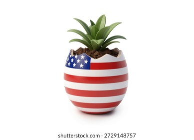 3d rendering of cracked eggshell painted with USA flag pattern containing soil and green plant sprout symbolizing economic growth.