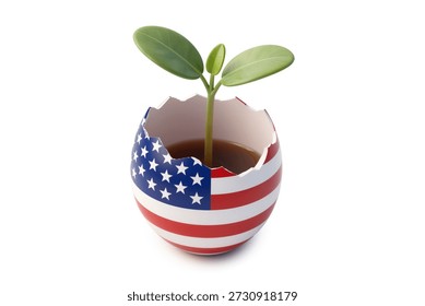 3d rendering of cracked eggshell painted with USA flag pattern containing soil and green plant sprout symbolizing economic growth.