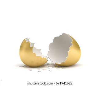 3d Rendering Of A Cracked Golden Egg With Its Two Pieces Lying Beside Each Other On White Background. Moneymaker. Profitable Venture. Cash Cow And Golden Goose.