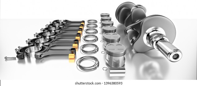 3D rendering. Crankshaft for 6v cylinders engine. Truck crankshaft on grey background. Engine bearing crankshaft with pistons and piston rings.