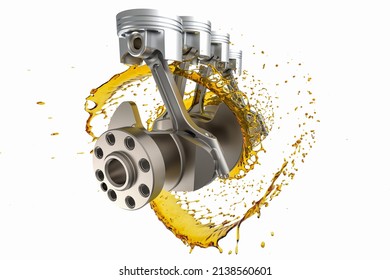 3D rendering Crankshaft and pistons with engine oil splashed. Car engine components. Oil lubricant for engine parts.