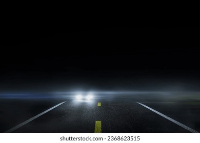 3D Rendering Creative blurry outdoor asphalt background. The lonely road fog at night with the car running.