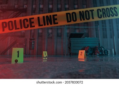 3d Rendering Of Crime Scene At Backyard Place With Yellow Police Tape At Night 