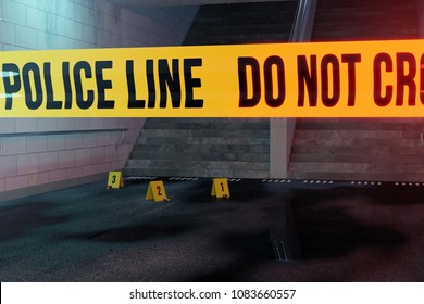 3d Rendering Of Crime Scene On Darken Underpass With Staircase Amd Yellow Police Tape At Night 