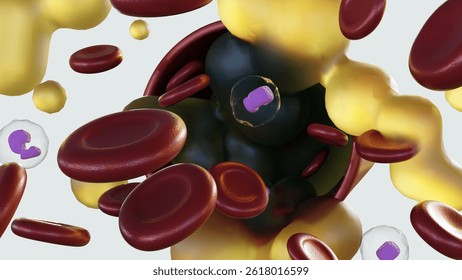A 3d rendering of cross-section of a blood vessel where a significant amount of blood plasma is present along with red and white blood cells.