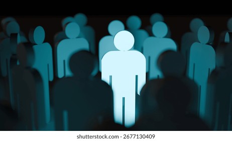 A 3D rendering of a crowd of abstract human figures. The central figure in the foreground is the main focus, distinguished by its bright, glowing light.