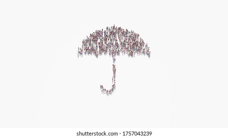 3d rendering of crowd of different people in shape of symbol of umbrella with thin handle on white background isolated